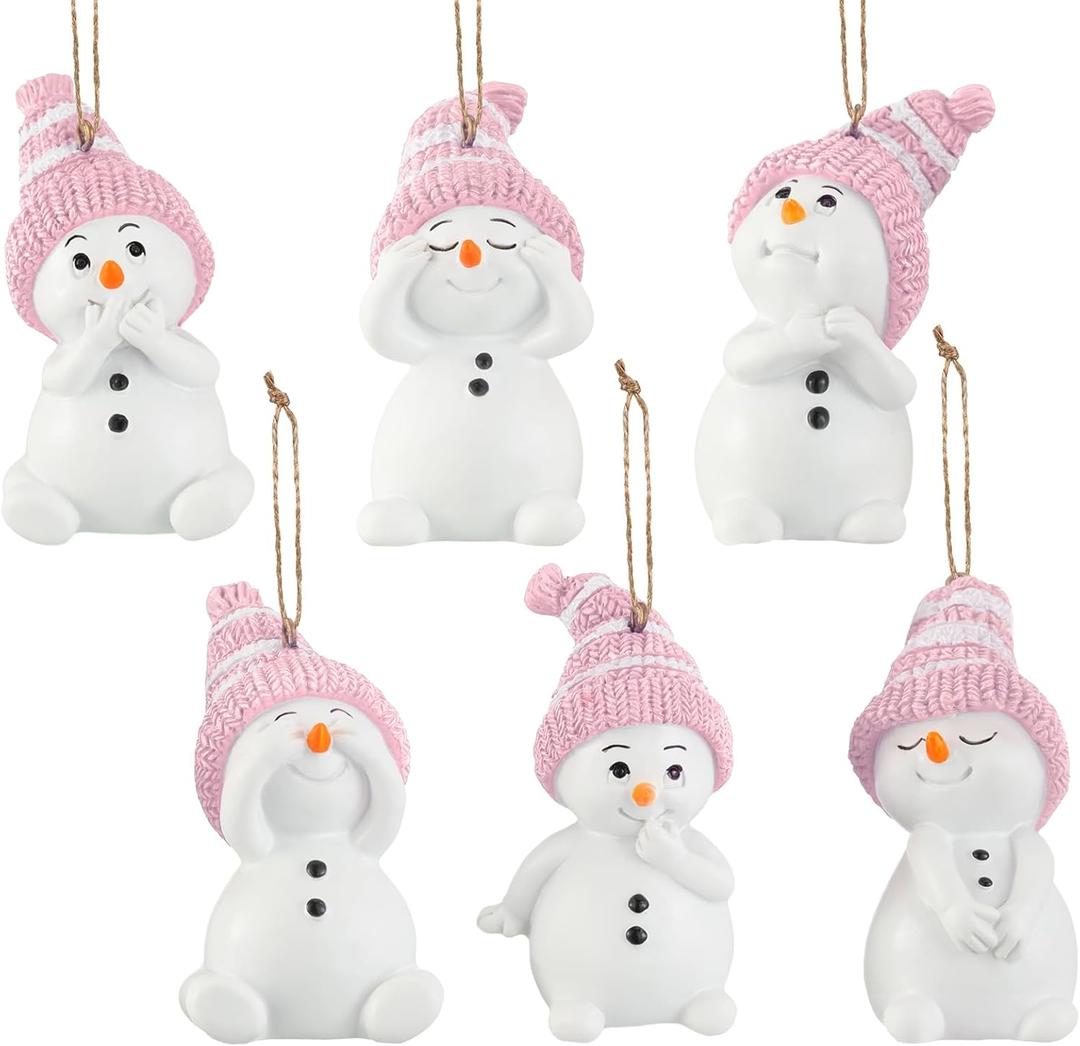 Lyrow 6 Packs Resin Pink Snowman Christmas Ornament with Various Animated Faces Christmas Tree Hanging Decorations, Party Decors for Gift Holiday Stocking Stuffers Tree Wreath Mantel Garland Decor