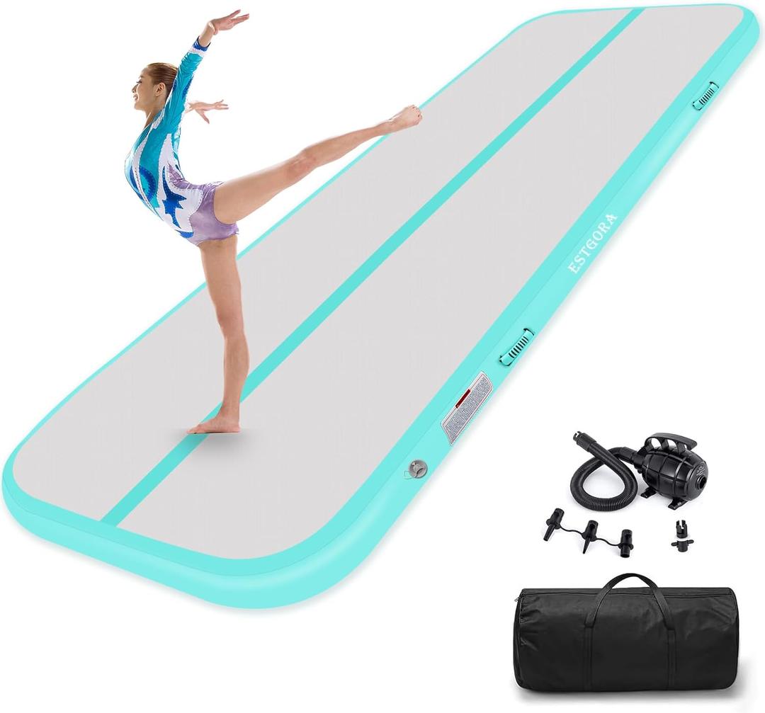 Estgora Gymnastics Mat for Tumbling Tumble Track, Thick Inflatable Gymnastic Training Equipment For kids At Home Gym Cheerleading with Electric Pump (10ft  3.3ft  4inch, Mint Green)