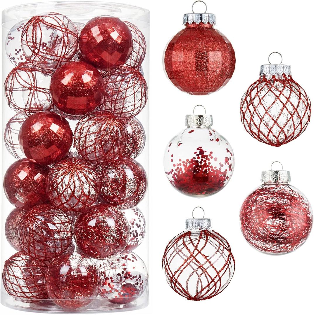 30ct Christmas Ball Ornaments-60mm/2.36" Shatterproof Clear Plastic Xmas Balls Baubles Set with Stuffed Delicate Sparkling, Hanging Christmas Tree Decorations(Red)