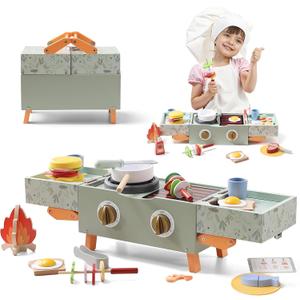 Wooden Kids Grill Playset with Play Kitchen Accessories| Pretend Play Toys for Toddlers 3-5, Cooking BBQ Play Food Toy for 3+ Year Old Boys & Girls, Birthday Gifts for Kids