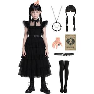 DIYLN Girls Black Dress for Halloween Costume Kids Family Party with Wig Necklace Socks Accessories Size 140