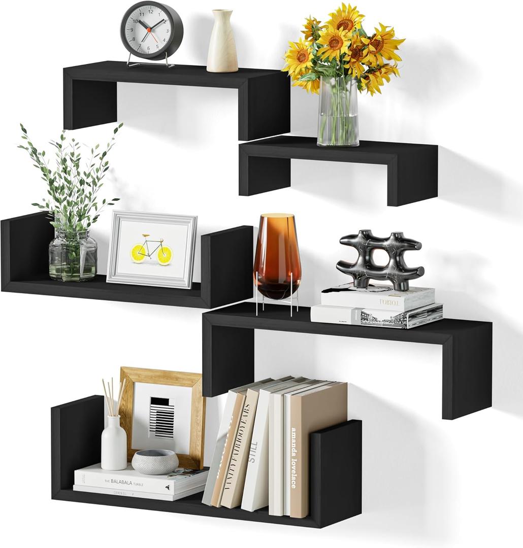 SRIWATANA Floating Shelves for Wall, Wall Shelves for Bathroom, Bedroom, Living Room, Kitchen, Office, Wood Shelves for Home Decor Set of 5 (Weathered Black)