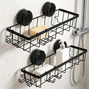 Shower Caddy Suction Cup Adhesive with Hooks, Heavy Duty Shower Shelves Storage Organizer for Bathroom, No Drilling Bathroom Shelf with Large Capacity, Black Metal Storage Basket