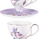 KAMMAK Ceramic Coffee Cups Saucers Set of 2, Porcelain Espresso Cups with Saucers, 8.12 oz Handcrafted Elegant Bone China Tea Cups, Purple Hibiscus & Iris Flower Pattern Teacup for Party, Office, Gift
