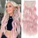 KooKaStyle Clip in Synthetic Hair Extensions Long Wavy 4PCS Thick Hairpieces Blonde with Pink Highlight Fiber Double Weft Natural Hair Extensions 20 Inch for Women