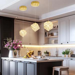 1-Light Modern Gold Pendant Light Fixtures for Kitchen Island Small Hanging Crystal Chandelier for Bedroom Entryway Living Room Foyer Hallway LED Dimmable Chandeliers for Dining Room