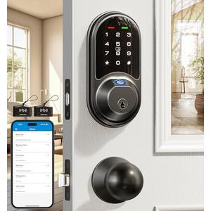 Veise RZ07C Smart Locks for Front Door, 2 Knob Handle Set, Fingerprint Keyless Entry, App Control Biometric Lock, Electronic Digital Touchscreen Keypad Deadbolt, Easy Install, Auto Lock, Matte Black