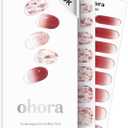 ohora Semi Cured Gel Nail Strips (N Brilliant) - Red, Patterned, Works with Any UV/LED Lamps, Salon-Quality, Long Lasting, Easy to Apply & Remove - Includes 2 Prep Pads, Nail File & Wooden Stick