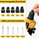 Rivet Gun, 1/4 Pop Rivet Gun Kit with 200 Blind Rivets, 5 Interchangeable Rivet Heads (3/32", 1/8", 5/32", 3/16", 1/4"), Heavy Duty Hand Riveter Tool for Metal, Gutter & Automotive
