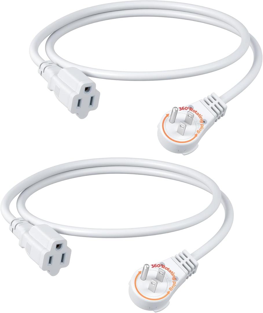 DEWENWILS 360 Rotating Flat Plug Extension Cord 3FT, 16/3 Gauge 3 Prong Grounded Power Cord, 125V/13A/1625W, Space-Saving Size for Indoor Narrow Space, 2 Pack, White for Christmas