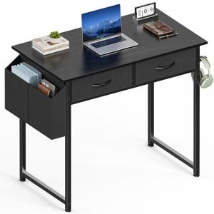 Sweetcrispy Computer Desk Small 32 Inch Home Office Bedroom Writing Study PC Table with Fabric Storage Drawers Space Side Bag Headphone Hook Metal Frame Adjustable Feet Modern Simple Style, Black Wood
