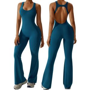 OEAK Womens Flare Jumpsuit with Bra Tummy Control Cutout Romper Workout Outfit Sleeveless Unitard One Piece Backless Bodysuit (Medium, Blue)