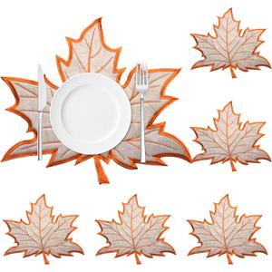Orange Leaf Placemats Set of 6,Thanksgiving Fall Leaves Placemats Havest Tablemats Home Decoration for Halloween Chrismas Party Maple Leaves Embroidered Placemats