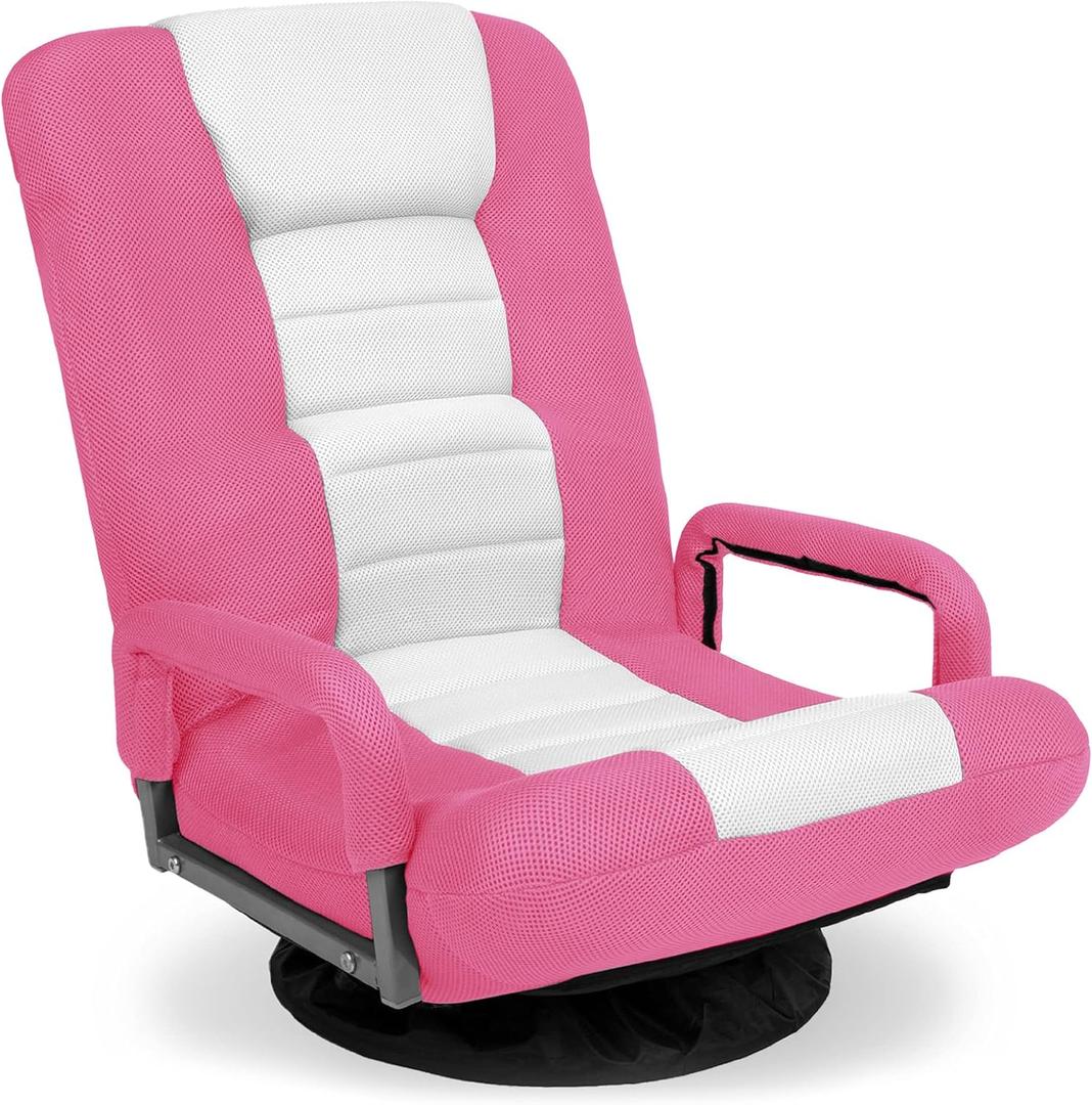 Best Choice Products Swivel Gaming Chair 360 Degree Multipurpose Floor Chair Rocker for TV, Reading, Playing Video Games w/Lumbar Support, Armrest Handles, Adjustable Foldable Backrest - Pink/White (22.5"D x 22"W x 30"H)