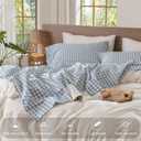 MooMee Gingham Sheet Set 100% Washed Cotton Linen Like Textured Breathable Soft w/Fully Elasticized 16-19" Deep Pocket (Classic Gingham Cornflower Blue, Queen)