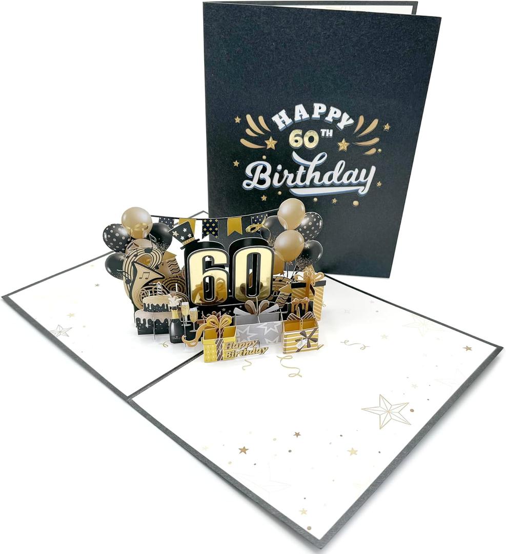 Teabug Cards Golden 60th Birthday 3D Pop-Up Greeting Card for Party Celebration. Happy Birthday for Man and Woman.