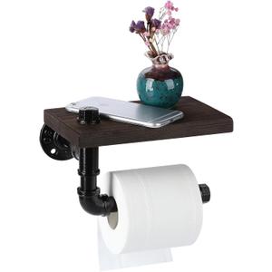 Toilet Paper Holder with Shelf, Industrial Wall Mounted Tissue Roll Hanger with Rustic Wooden Shelf for Bathroom, Washroom (Black)