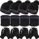 JaGely 12 Pieces Kids Winter Hat Glove Scarf Sets Thick Fleece Knitted Beanie Touchscreen Warmer Gaiter for Boys and Girls (Black)