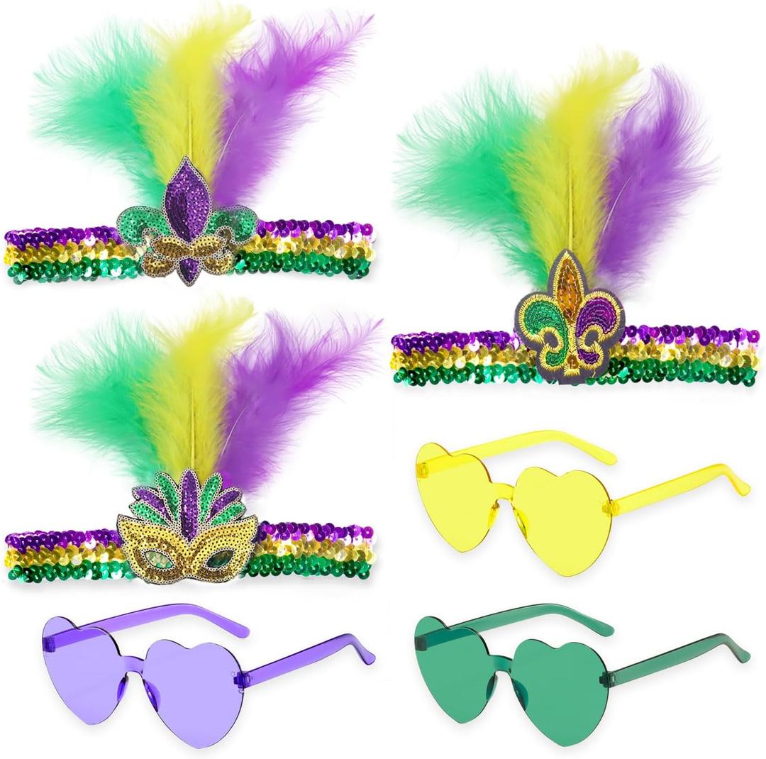 6 Pcs Mardi Gras Accessories Feather Headband for Woman, Heart Shape Sunglasses Set Purple Yellow Green Glitter, Feather Sequin Fascinators for Masquerade Party Carnival Cocktail