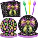 Havawish 96 Pcs Mardi Gras Party Supply Coquette Mardi Gras Plates and Napkins Gold Purple Bow Disposable Paper Plates Carnival Party Decoration for Birthday Baby Shower Tableware for 24 Guests