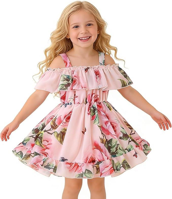 AGQT Girls Summer Dress Floral Boho Off Shoulder Ruffle Casual Sundress Cute Tiered Chiffon Outfit for Beach Vacation 110