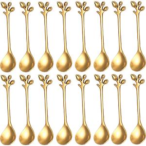 Comicfs 16 Pcs 4.7" Stainless Steel Gold Leaf Coffee Spoon-Creative Tableware Dessert Spoons, Stirring, Mixing, Sugar, Stir, Ice Cream, Cake, Teaspoon Set (16 Spoons, Gold)