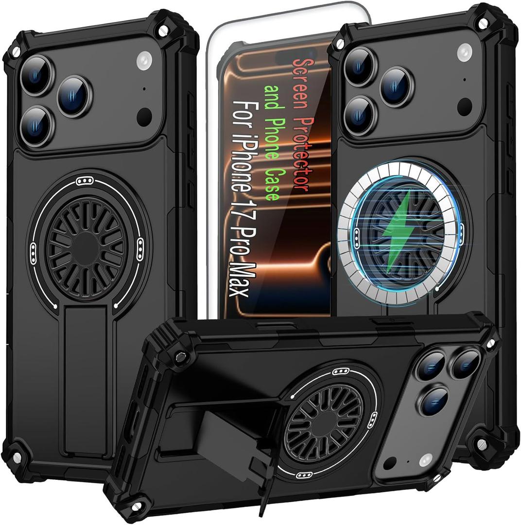 17 Pro Max Magnetic Case for iPhone17 Pro Max, 6.9inch, with Kickstand & HD Screen Protector Supports Wireless Charging [Compatible with MagSafe Accessories] Case for iPhone 17 Pro Max, Black