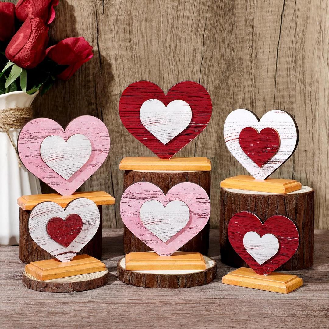 6 Pcs Valentine's Day Decor Wooden Heart Shaped Table Signs Farmhouse Wood Heart Table Decorations Sign Standing Wooden Tiered Tray Decoration for Valentine Day Ornaments(Classic)