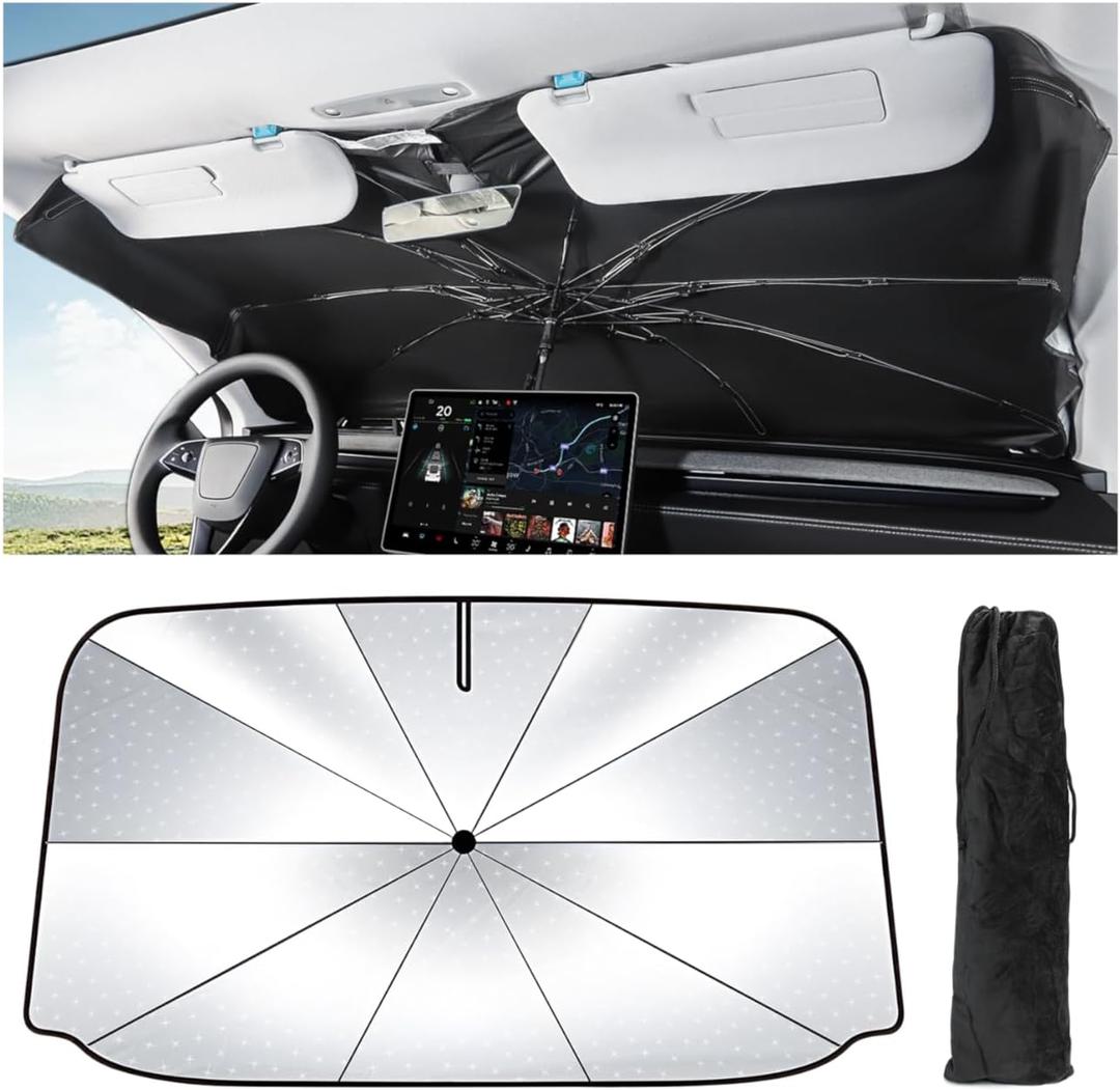 Windshield Sunshade Umbrella for Tesla Model Y 3 Extra Large Wider Coverage Foldable Heat Insulation for Tesla Model Y 3 (Juniper & Highland Included) Accessories 2026-2017