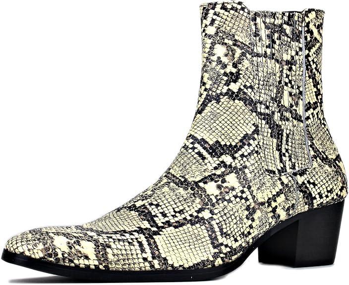 OSSTONE Men Chelsea Ankle Boots Leather Snake Print Chukka Boots Heel Retro Dress Boots, Sie 10