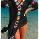 SweatyRocks Women's Floral Crochet Coverups Dress 3/4 Sleeve V Neck Sheer Beach Cover Up Dress Black X-Large