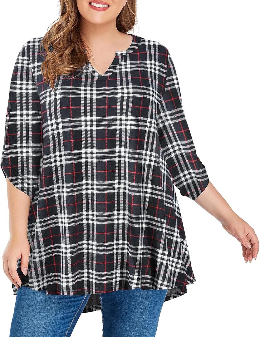 MONNURO Women's 3/4 Sleeve V Neck Plus Size Shirts Casual Loose Swing Floral Print Fall Tunic Tops (1X, Plaid Black)
