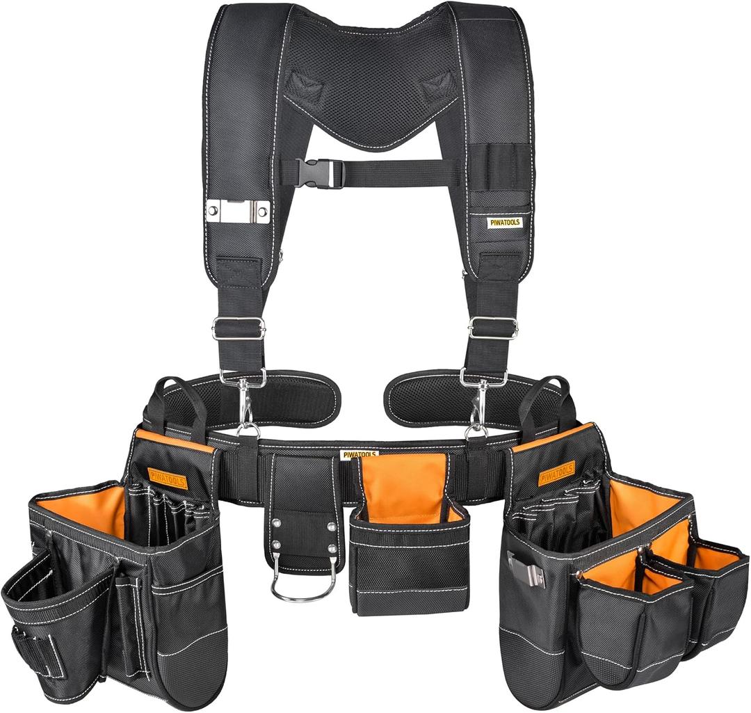 Professional 7-Piece Carpenter Electrician Tool Belt with Soft Padded Suspender for MenHeavy Duty Construction, 35 Pockets36"-50" (7, Tool Belt Set 7Pcs)