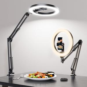 Overhead Camera Mount with Ring Light Phone Holder,10" LED Ring Light for Desk with Stand and Remote for iPhone,Phone Tripod with Light for Video Recording TikTok Live Stream Cooking Kitchen Vlogging 