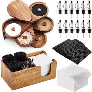 Mifoci Acacia Wood 5 Tier Bar Glass Rimmer Bartender Tool with 12 Pcs Stainless Steel Classic Bottle Pourers, Bar Caddy with 6 Compartment, 1000 Pcs Coffee Cocktail Stirrers, 200 Napkins