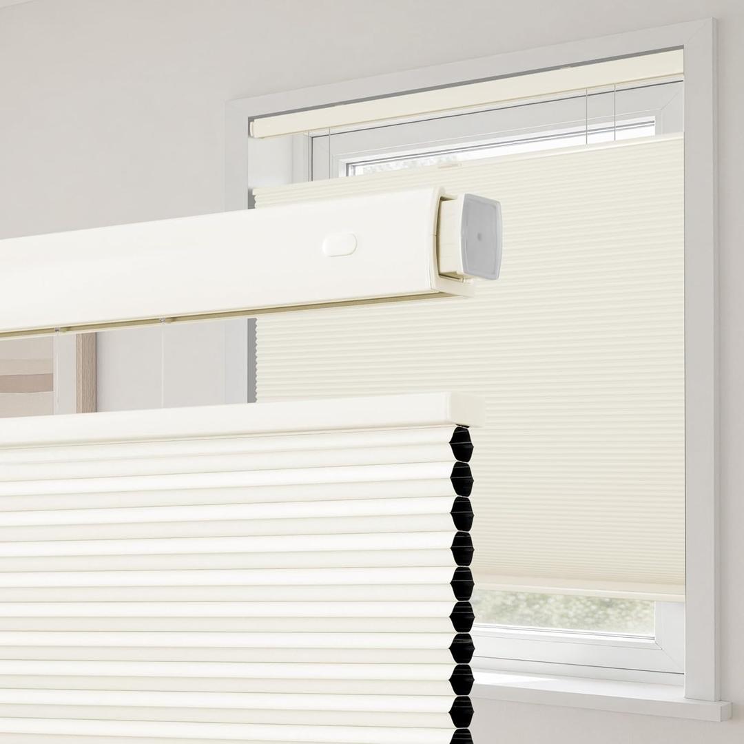 HESTIA No Drill Waterproof 99% Blackout Cellular Shades Top Down Bottom Up Easy Install Thermal Insulated Noise Reduction Cordless Honeycomb Blinds for Bedroom Bathroom, Light Beige, 60" W X 72" H