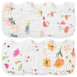 Zainpe 6Pcs Snap Muslin Cotton Bibs for Baby, Flamingo Star Flower Machine Washable Adjustable Burp Cloths with 6 Absorbent Soft Layers for Infant Newborn Toddler Drooling Feeding and Teething (Pink)