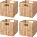10.5 x 10.5 in Plastic Wicker Baskets for Cube Storage, Collapsible Square Wicker Storage Basket Set of 4, Rattan Storage Cube, Square Baskets for Shelves - Khaki