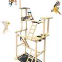 Hamiledyi Natural Wood Bird Playground Stand with 4 Large Layers - Exercise Perch for Parrots Cockatiels and Small Birds Indoor Bird Activity Center with Ladders and Swings