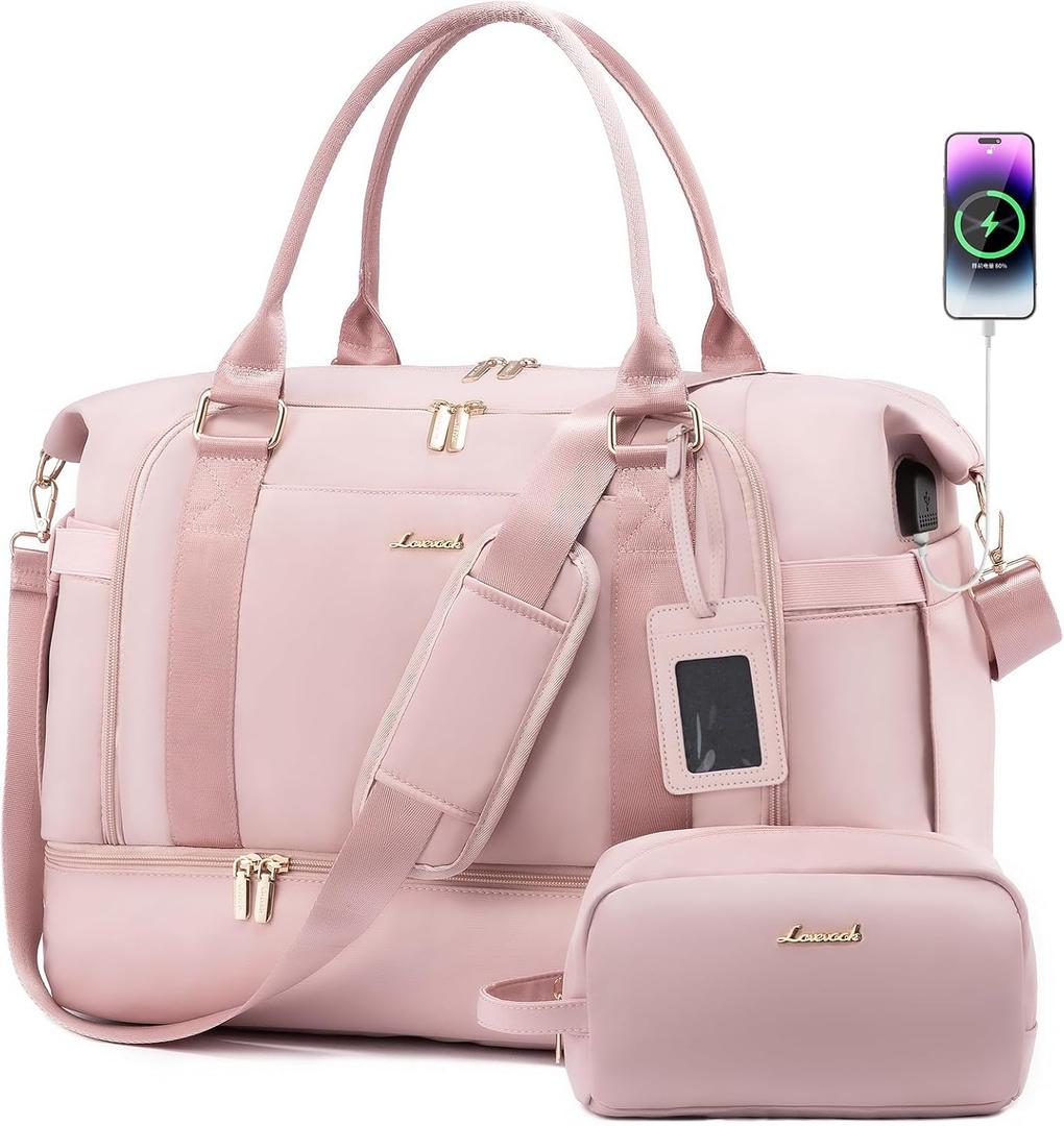 Gym Bag for Women LOVEVOOK Travel Duffel Bag with USB Charging Port,Weekender Bags for Women with Shoe Compartment,Carry on Overnight Bag with Toiletry Bag,Hospital Bags for Labor and Deliver (Light Pink)