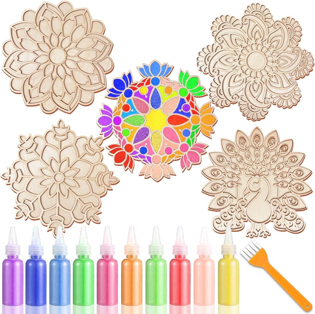 Ertyjikg 5 PCS Wooden Diwali Floral Rangoli Mat Art Kits DIY Diwali Mandala Sand Fill Rangoli Template Rangoli Decorative Boards for Indian Traditional Festival Home Decorations