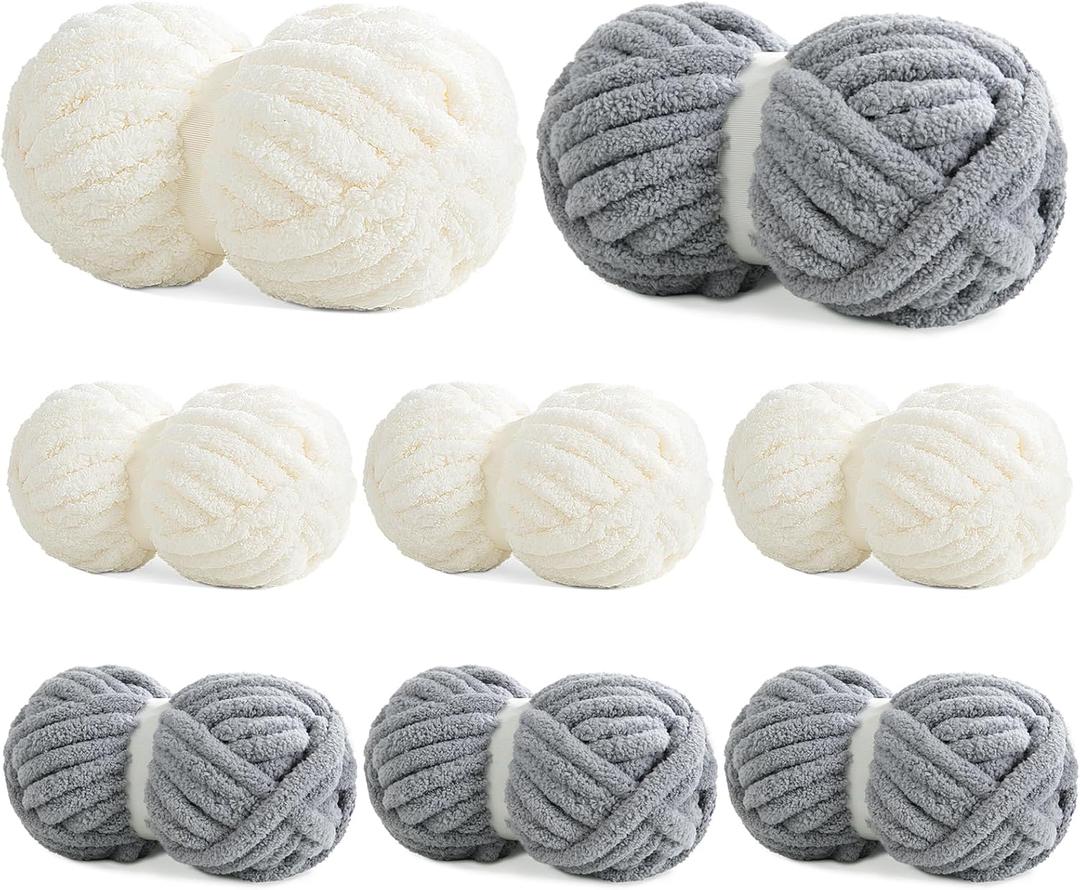 8 Pack Chunky Chenille Yarn for Crocheting & Knitting, 29.5yds 5 oz Each Skein Soft Fluffy Kitting Set, Thick Velvet Plush Yarn for Handcrafts Weaving Making Blankets (White Grey)