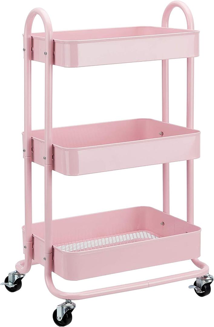 Amazon Basics 3-Tier Rolling Utility or Kitchen Cart, Lockable Wheels, Multifunctional Storage, Metal Storage Organizer, Portable, Dusty Pink