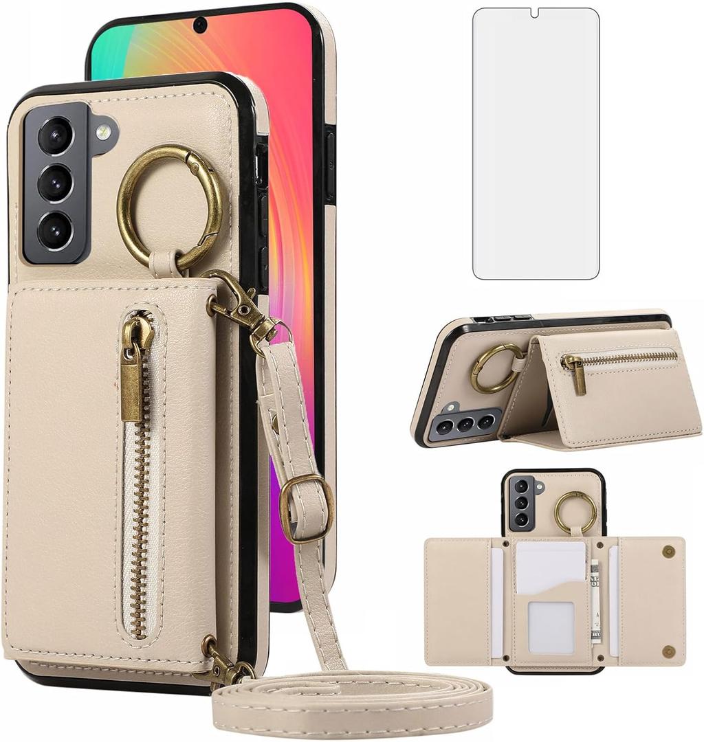 Asuwish Compatible with Samsung Galaxy S22 Plus S22+ 5G Wallet Case with Screen Protector and Crossbody Shoulder Strap Buckle Card Holder Cell Phone Cover for S22+5G S22plus 22S + S 22 22+ Women Beige