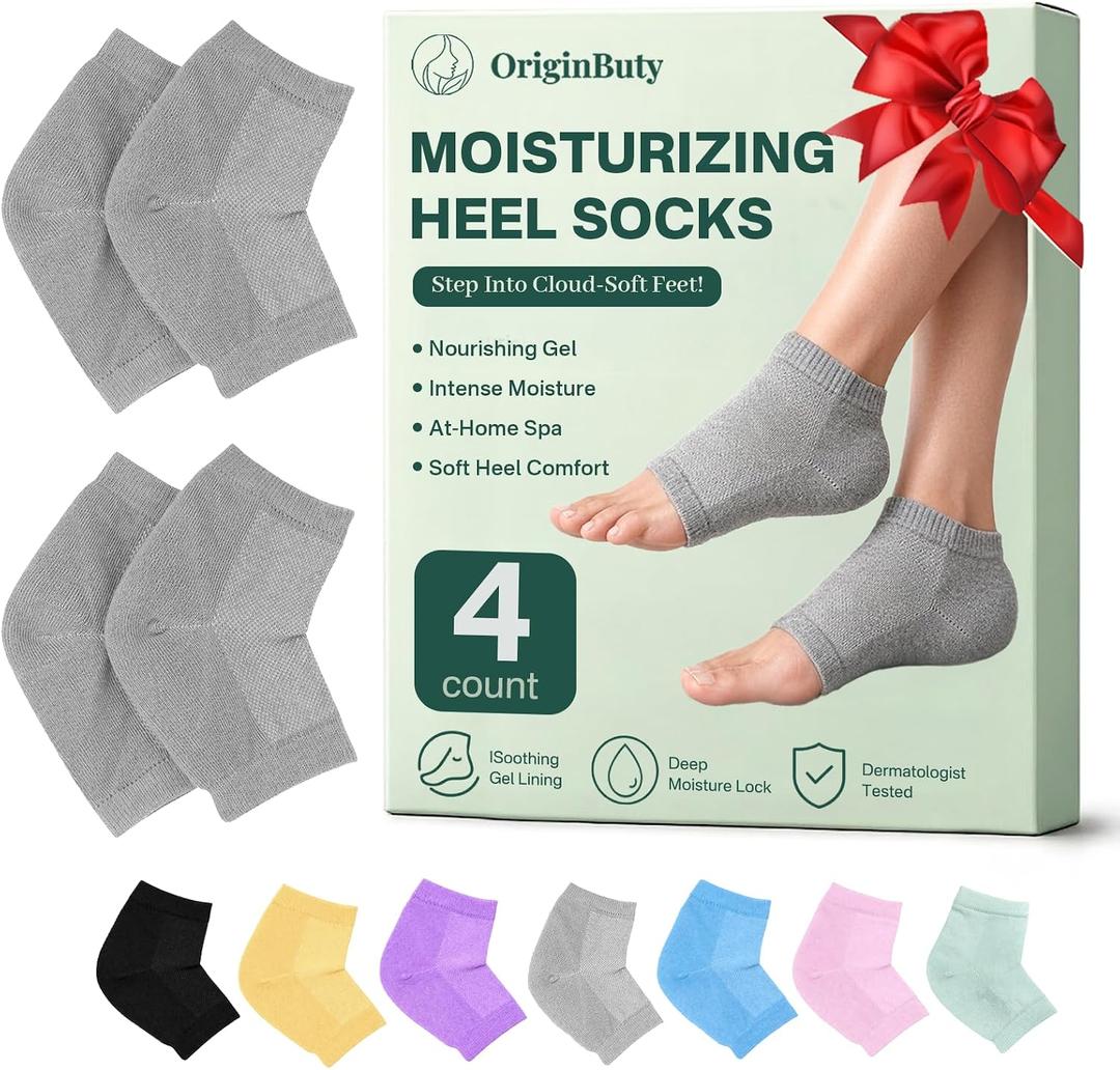 4 Socks Moisturizing Socks for Women, Silicone Socks & Gel Socks, Heel Socks for Dry Cracked Feet, Heel Protectors for Cracked Heel Treatment, Foot Care Socks, Toeless Socks for Women and Men, Gray, One Size