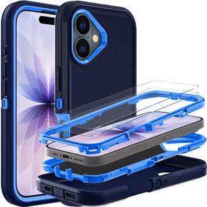 YKHJKLEC for iPhone 17 Case, Military Grade 3 in 1 Heavy Duty Shockproof/Drop Proof/Dust Proof Case with 2Pcs Tempered Glass Screen Protector (Navy Blue)