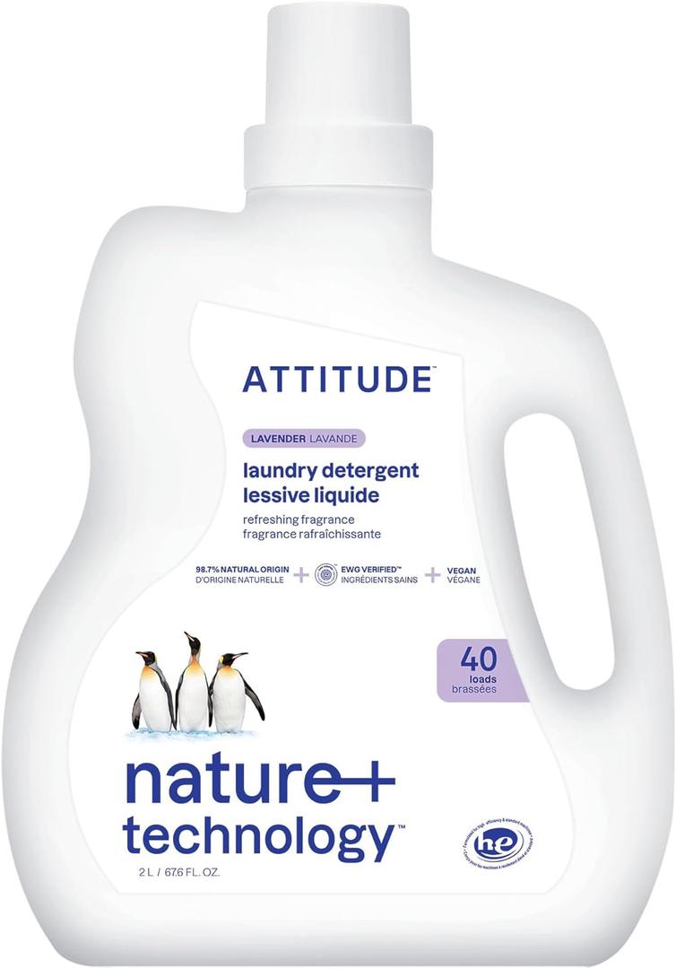ATTITUDE Liquid Laundry Detergent, EWG Verified Laundry Soap, HE Compatible, Vegan and Plant Based Products, Cruelty-Free, Lavender, 40 Loads, 67.6 Fl Oz