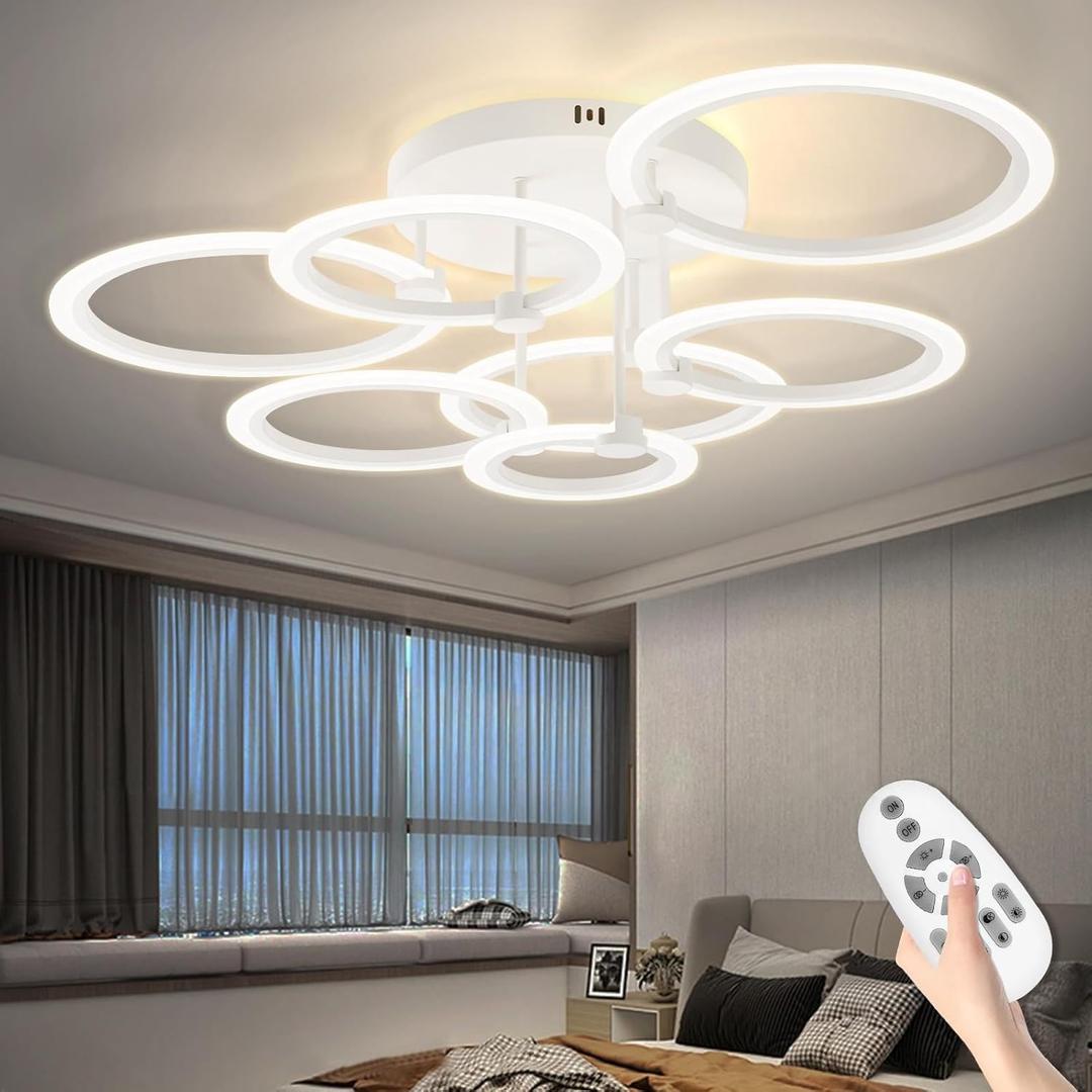 Modern LED Ceiling Light Dimmable Ceiling Light Fixtures with Remote 7 Rings White Close to Ceiling Lights 31.8" 130W 3000K-6500K Flush Mount Ceiling Lamp for Living Room,Bedroom,Kitchen