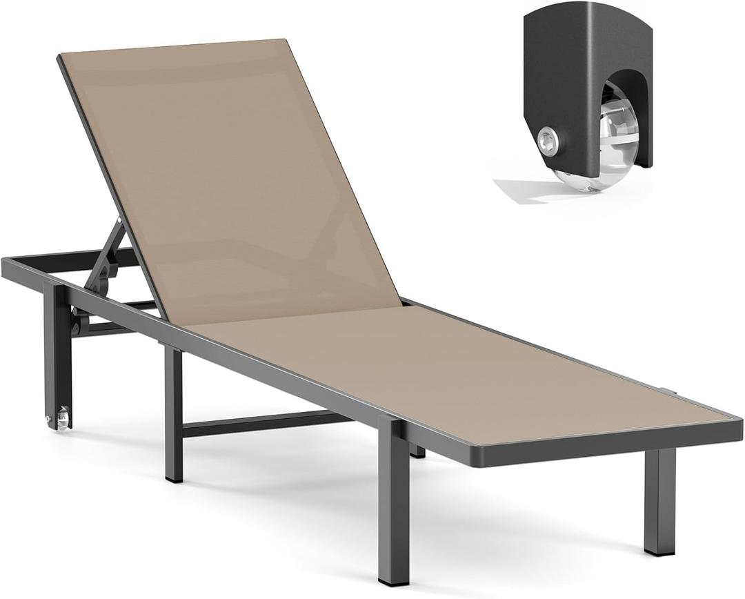 Aluminum Chaise Lounge Chair Outdoor with Wheels, Patio Lounge Chair with Adjustable 5-Position Recliner and Full Flat Tanning Chair for Patio, Beach, Pool, Khaki