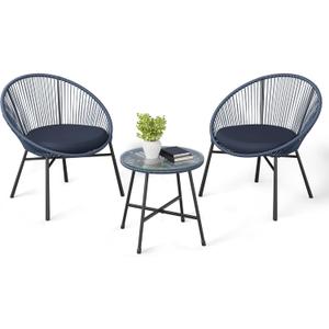 GarveeHome 3 Pieces Outdoor Acapulco Chair Patio Bistro Set, All-Weather Acapulco Chairs with Glass Top Table, Modern Patio Conversation Chairs Set of 2 for Balcony, Pool, Garden, Backyard, Blue